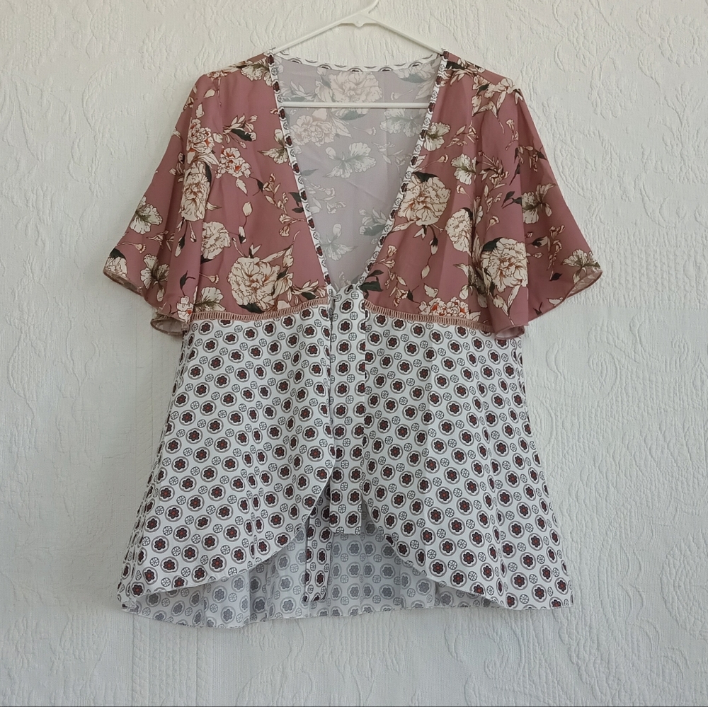 Sexy Kimono Blouse Tie Front Pink Patchwork Boho Western Flowy Floral Pastel MED - Picture 10 of 10